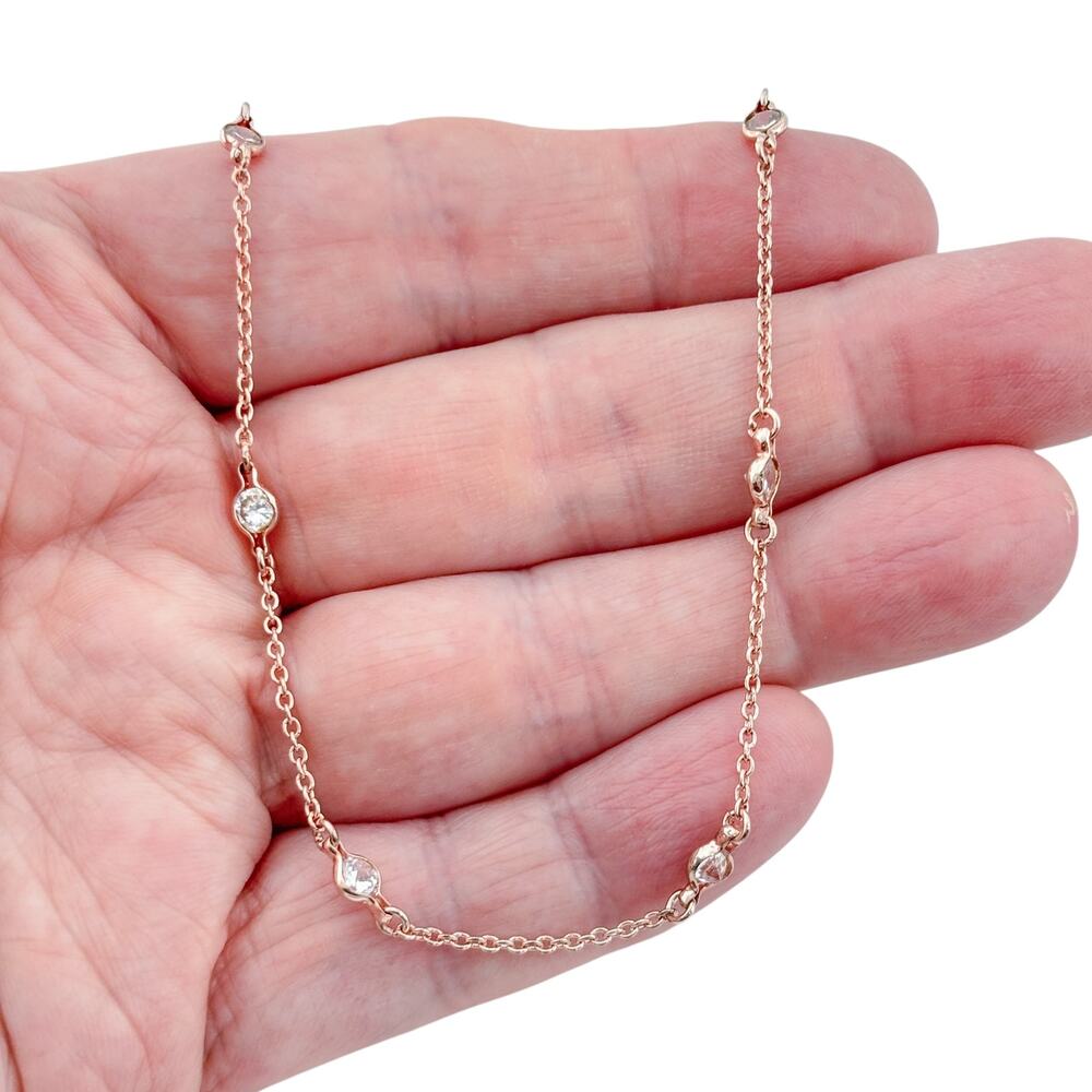 Vintage Sterling Silver 925 Rose Gold-Tone Cubic Zirconia Station Necklace 16"
